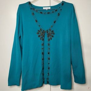 Anna Rossi Couture Turquoise Knit Beaded Top and Cardigan Set Size M/L